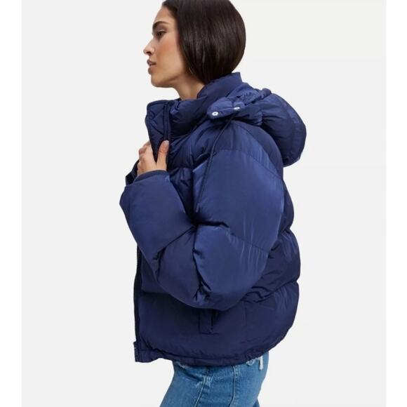 Good American Womens Iridescent Quilted Hooded Puffer Jacket in Blue Size Medium - Picture 5 of 16